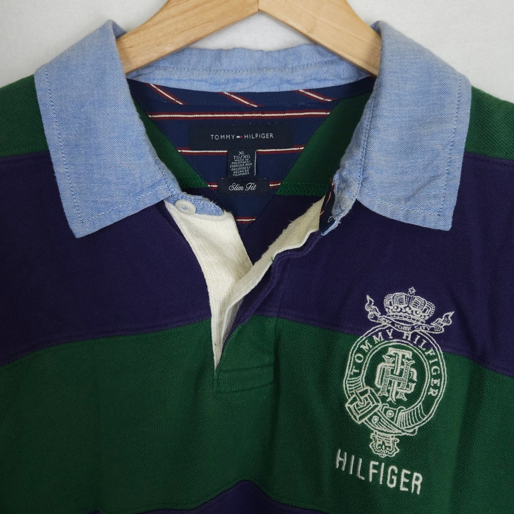 Tommy Hilfiger Rugby Polo Shirt Men's XL Slim Fit Green Purple Big Crest Logo - Picture 2 of 15